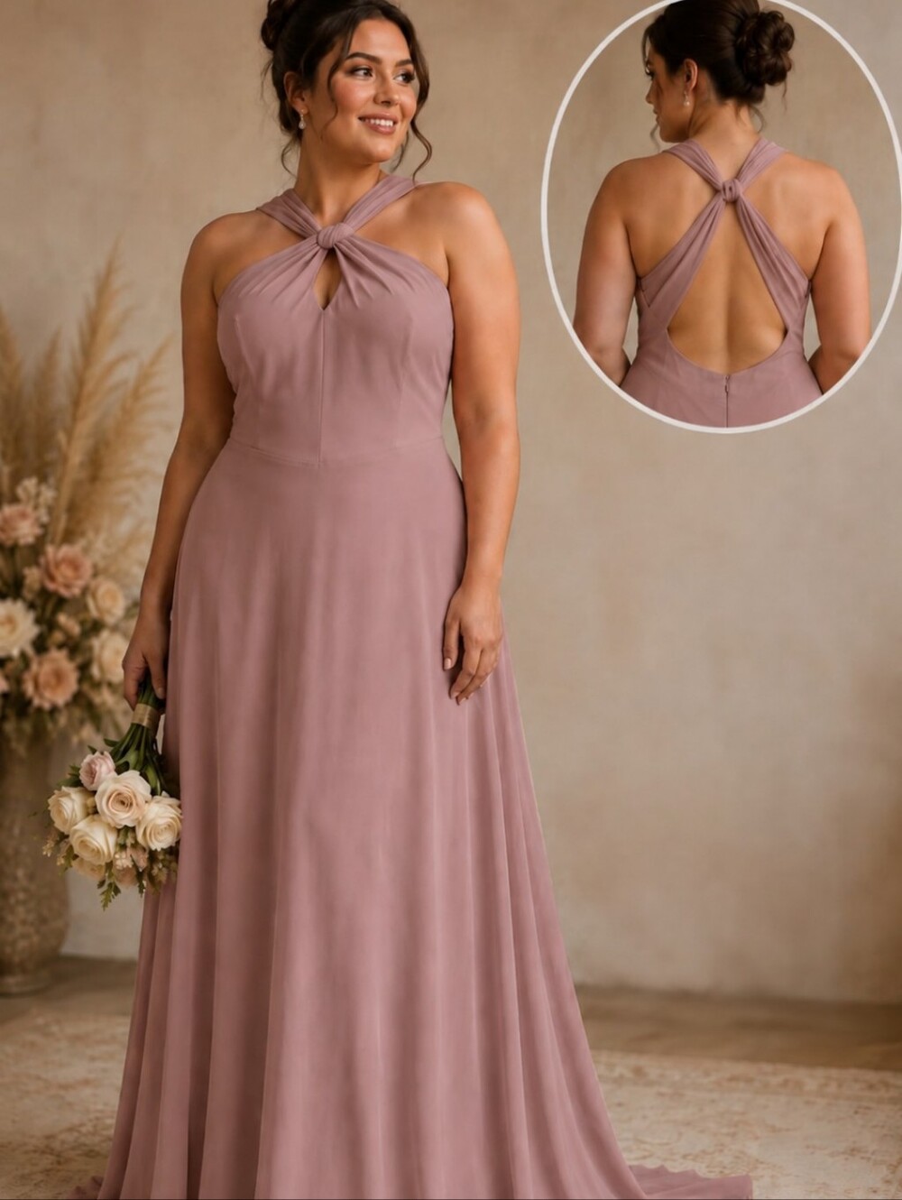 Azazie Pink Bridesmaid Dress Genevieve Champagne Rose Halter Chiffon Custom Made
